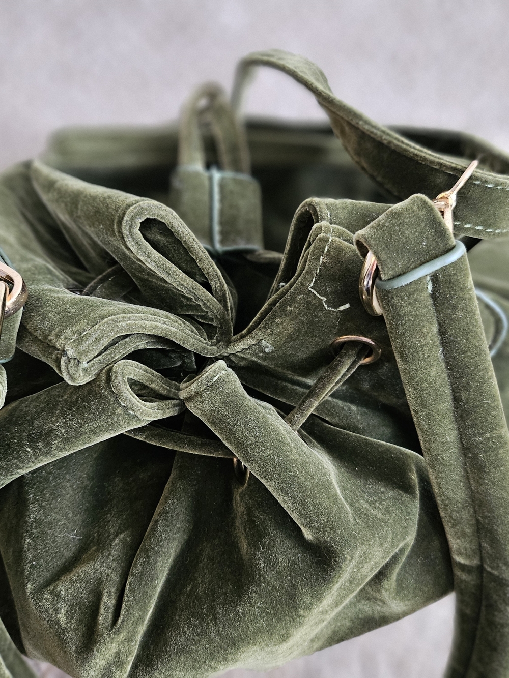 Olive Green Velvet Drawstring Shoulder Bag with Gold Hardware - Picture 5 of 9